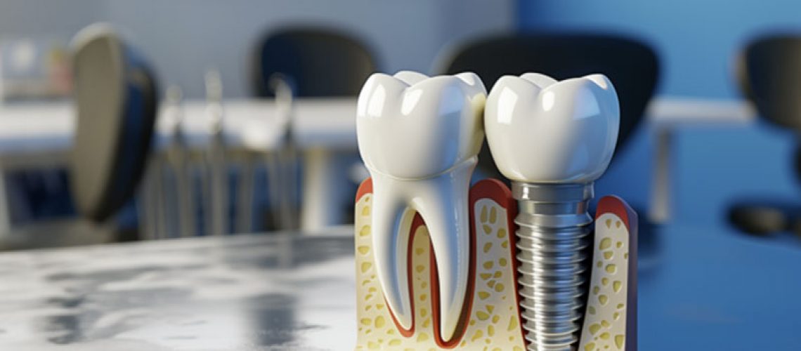 Dental implant model on a reflective table, dental office in the background.